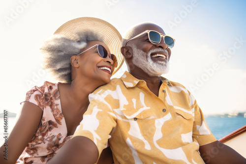 An elderly black couple sits in a boat or yacht against the backdrop of the sea. Happy and smiling people. A trip on a sailing yacht. Sea voyage, active recreation. Love and romance of older people