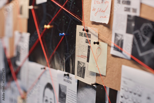 Closeup background image of evidence board with red thread connecting pictures, copy space photo