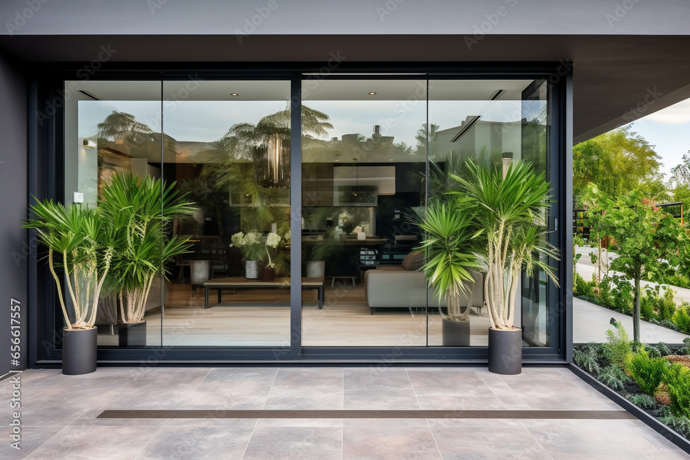 Modern aesthetic glass entrance to a building or villa, sliding glass door. AI generated. Modern aesthetic glass entrance to a building or villa, sliding glass door. AI generated.