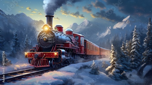 A beautiful Christmas train with a steam locomotive drives through a winter landscape