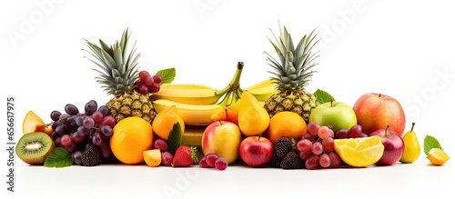 Mixed tropical fruit on a white surface with copyspace for text