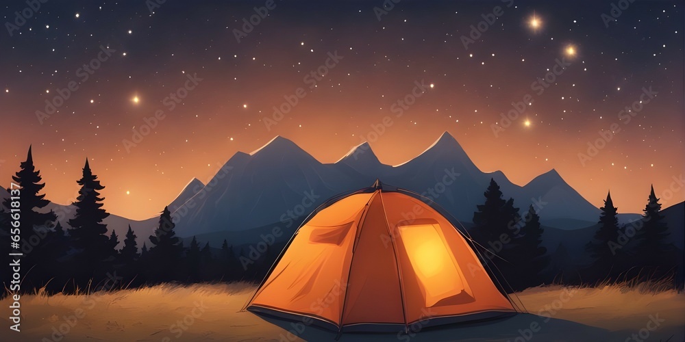 A tent with a burning light inside stands under a starry sky. Beautiful starry night sky. Vector illustration A tent with a burning light inside stands under a starry sky. Beautiful starry night sky. Vector illustration