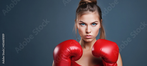 Confident sportswoman, boxer fighter wearing red boxing gloves, professional competition success posture, punching ready to fight, conflict and fight business, sports fight knockout concept © chiew