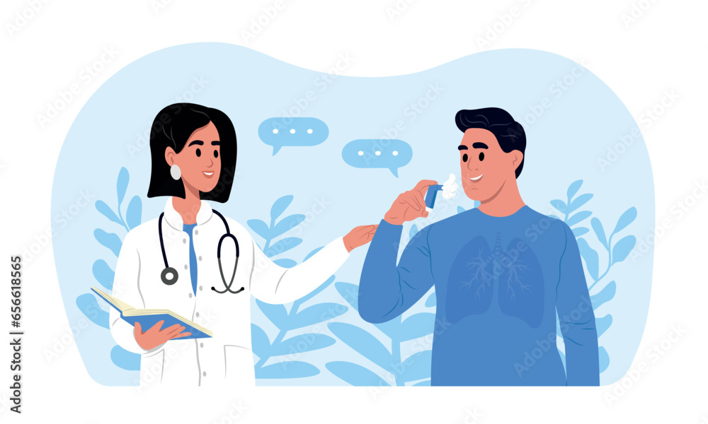Bronchial asthma. A doctor tells his patient how to use an inhaler during asthma attack. World Asthma Day. Allergy, asthmatic. Inhalation drug. Bronchial asthma. A doctor tells his patient how to use an inhaler during asthma attack. World Asthma Day. Allergy, asthmatic. Inhalation drug.