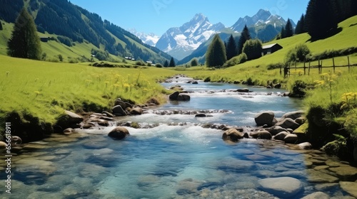 Beautiful day and river in the alps, View on mountain. © visoot