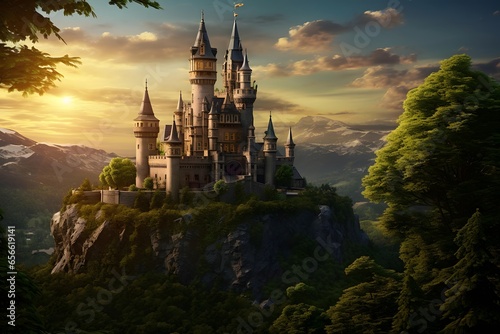 Panoramic view of beautiful castle on the hill in sunset time