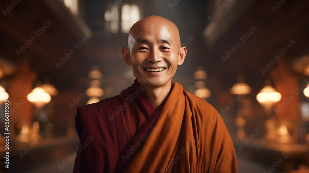 Realistic asian monk smiling happily in a Buddhist temple Realistic asian monk smiling happily in a Buddhist temple