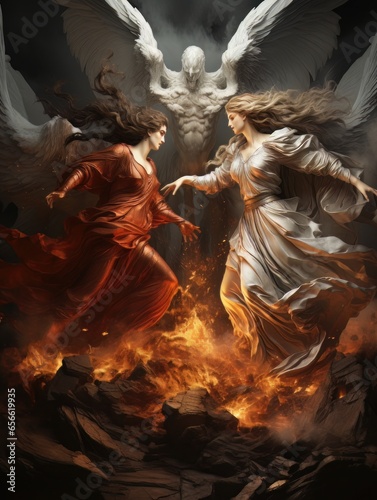 Confrontation between angel and demon, good and evil, Christian oil painting. AI