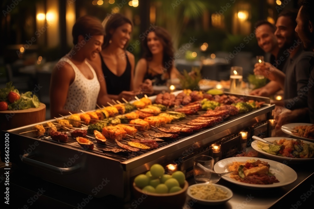 Grilling, BBQ, Dinner party, Luxury Dinner Table with Tasty Grilled Barbecue Meat, Having fun eating and enjoying time.