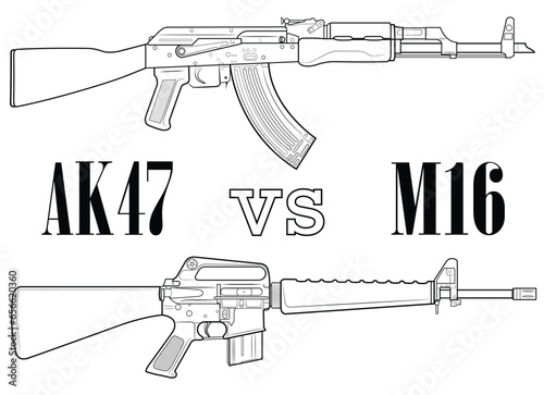 Vector illustration of two rifles, american M16 vs soviet AK47, and subtitles.
