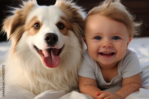 Dog with happy baby on bed.