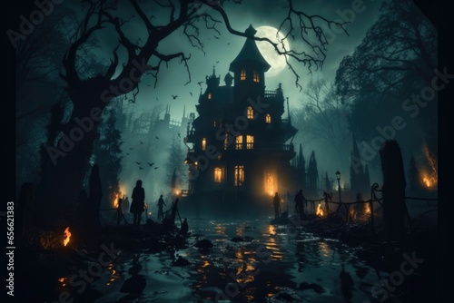 Halloween, Shadowy figures and ghosts dancing around an eerie old villa surrounded by gloomy night.