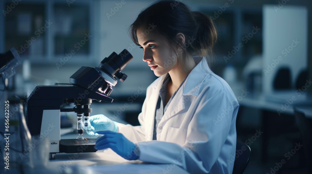Young female researcher using microscope in scientific laboratory. Scientific research and development concept