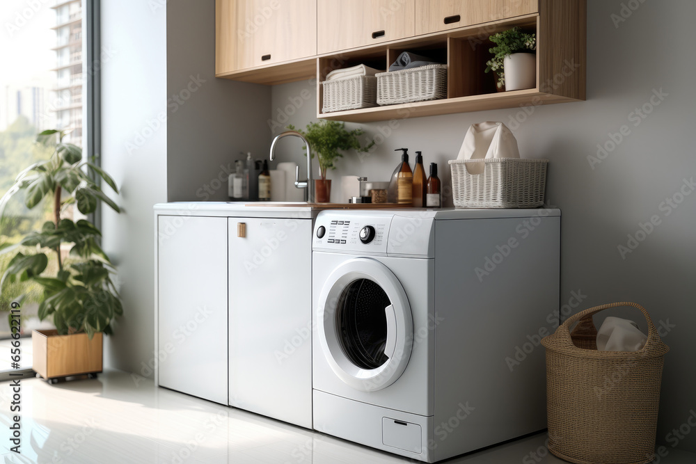 Laundry machine with cabinet in home, Minimalist panel-style. Laundry machine with cabinet in home, Minimalist panel-style.