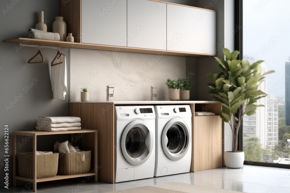 Laundry machine with cabinet in home, Minimalist panel-style. Laundry machine with cabinet in home, Minimalist panel-style.