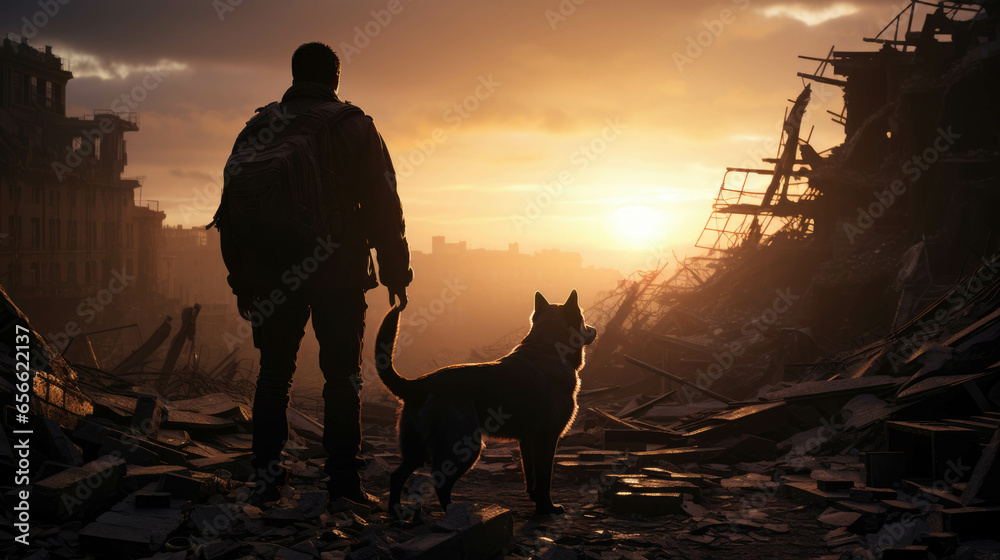 Rescuer with a dog among the ruins of a destroyed building at sunset.