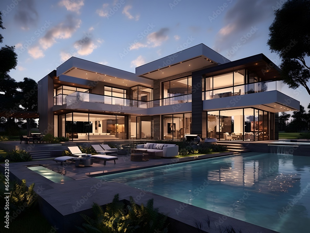 3d rendering of modern cozy house with pool and parking for sale or rent in luxurious style. Sunset with beautiful sky.