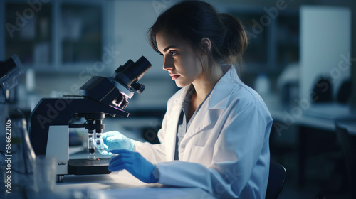 Young female researcher using microscope in scientific laboratory. Scientific research and development concept