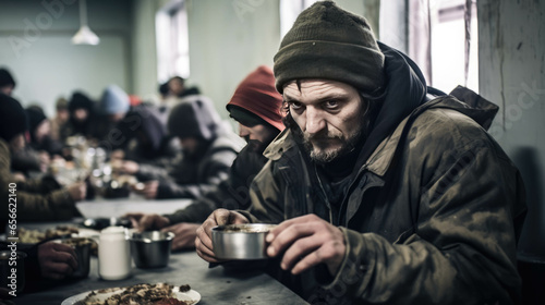 .A homeless beggar eats in a shelter.
