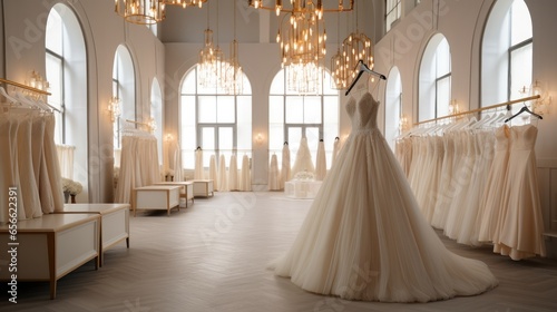 Foto Bridal Store, Luxurious and elegant bridal boutique with wedding dresses hanging on hangers