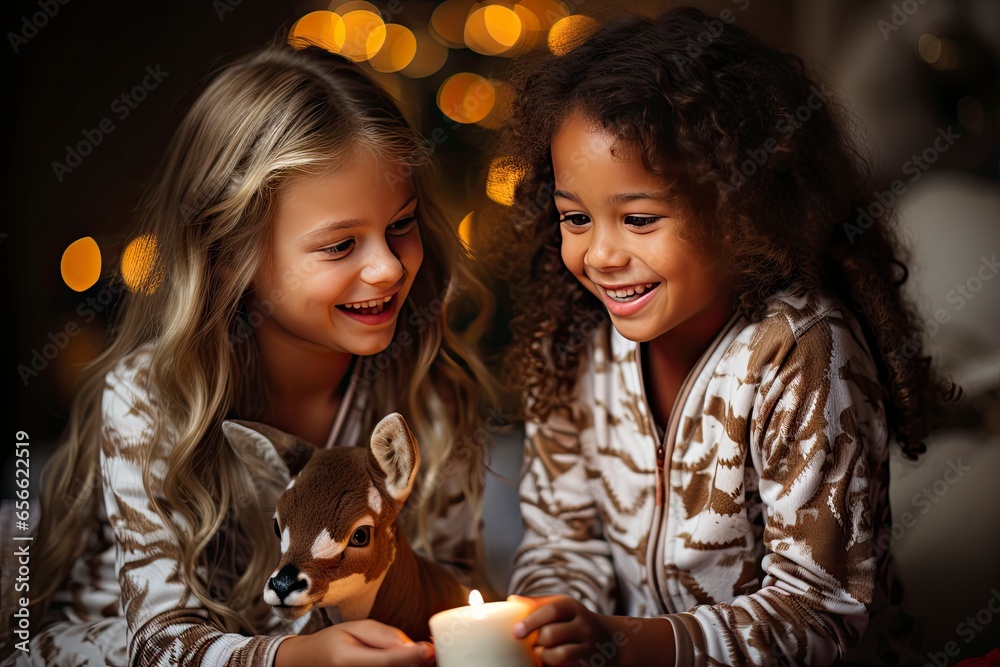 Merry Christmas and Happy Holiday! Cute little children girls with present gift box near tree at home. Merry Christmas and Happy Holiday! Cute little children girls with present gift box near tree at home.