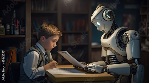 An artificial intelligence robot helps a teenager with homework, they read books together.