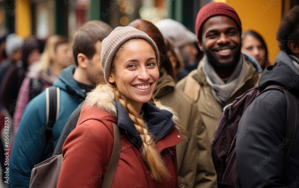 Happy shoppers lined up outside a store before it opens on Black Friday. Generative AI Happy shoppers lined up outside a store before it opens on Black Friday. Generative AI