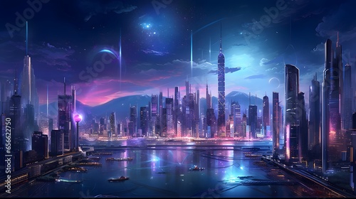 Panoramic view of modern city at night  3D rendering