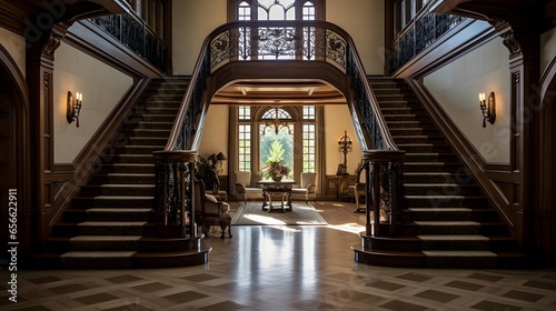 Interior of a building with a stairway and a glass door