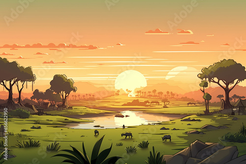 Illustration of a beautiful sunset in the jungle with a river and a hut