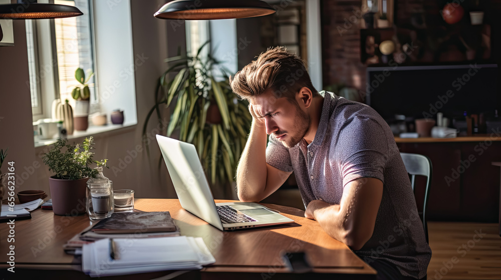 Headache, stress and burnout at home, young man suffering from fatigue and exhaustion. Frustrated, failing small business owner annoyed and under pressure from a heavy workload while working remotely - obrazy, fototapety, plakaty 