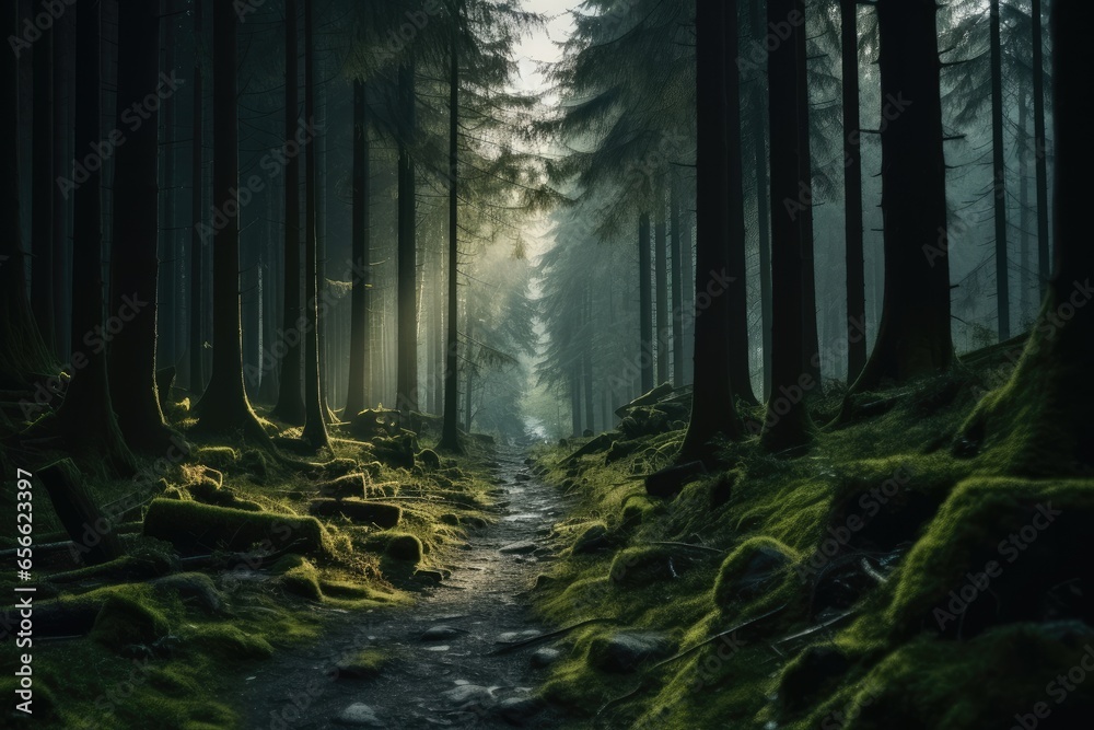 Obraz premium Mystical forest with trees are tall and ancient.