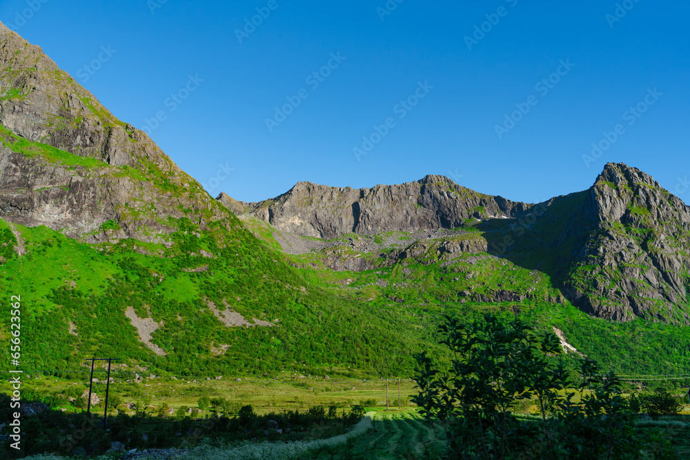 Dramatic, Picturesque scene, Breathtaking, Impressive summer landscape of lofoten island, Norway. Colorful sunny scene in Norway. Beauty of nature concept background.