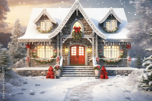 Beautiful country house cottage covered with snow, decorated for the Christmas holidays. AI generated. © serperm73