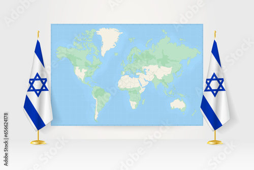 World Map between two hanging flags of Israel flag stand.