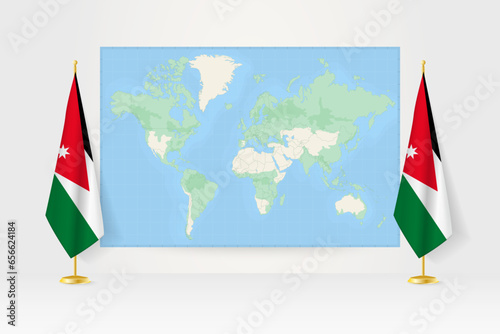 World Map between two hanging flags of Jordan flag stand.