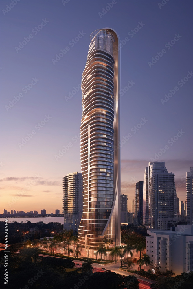 Modern high-rise residential skyscraper in the style of residential apartments in Miami. The building has rounded floor features and large windows. - obrazy, fototapety, plakaty 