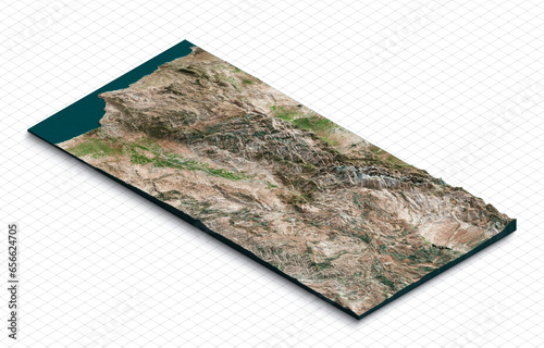 3d model map of Atlas Mountains, High Atlas in Morocco, the Toubkal National Park. Isometric map virtual terrain 3d for infographic. Geography and topography planet earth flattened satellite view