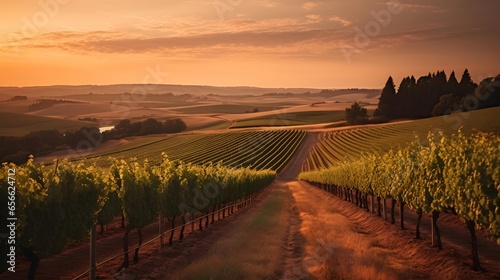 panoramic view of vineyard at sunset in Tuscany, Italy