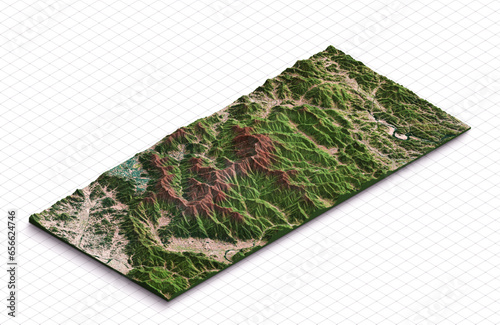 3d model map of Chiri-san, mountain Jiri in South Korea. Jirisan is a mountain located in the southern region of South Korea. Isometric map virtual terrain 3d for infographic. Geography and topography