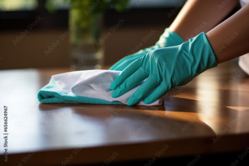 Woman in protective gloves wiping, cleaning her house, close-up
