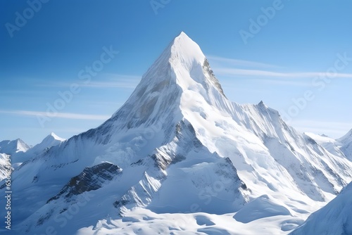 Mountain panorama with snow and clear blue sky. 3d rendering