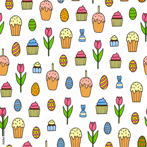 Seamless pattern with doodle kulich cakes, tulip flowers, cupcakes, candies.