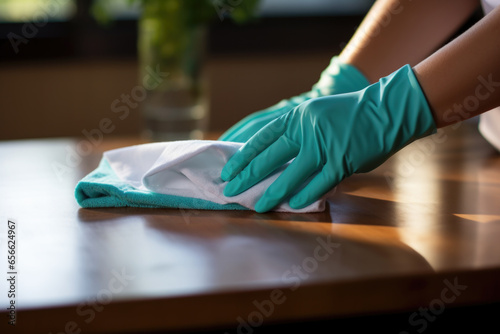 Woman in protective gloves wiping, cleaning her house, close-up © pilipphoto