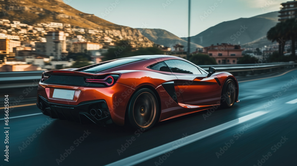 Fototapeta premium Sports car seen from the side driving really fast on road.