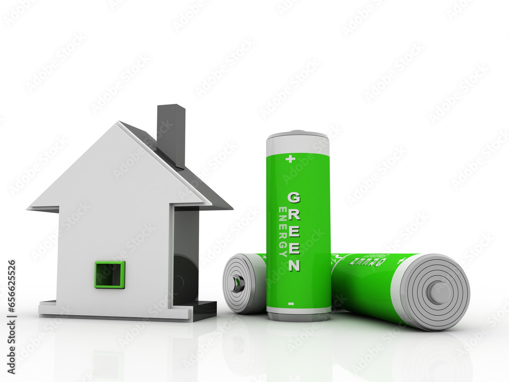3d rendering green energy battery with home 3d rendering green energy battery with home