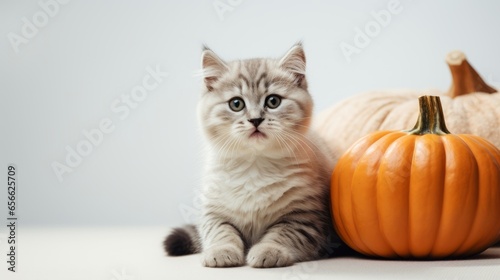 cute cat animal portrait, in the autumn mood, Halloween, pumpkin, yellow leaves  © INSPIRO SOURCE