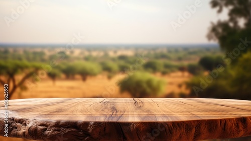 The empty wooden brown table top with blur background of Savanna Safari. Generative AI image AIG30.