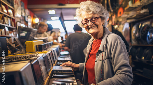 old woman with glasses in a shop having fun and laughing