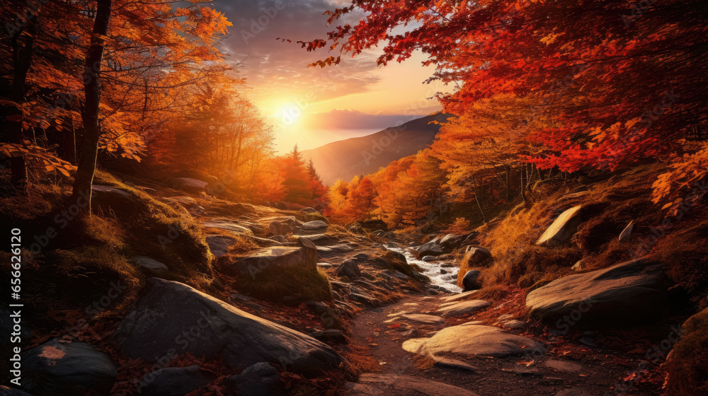 Fototapeta premium Natural autumn landscape with the sun in the forest and a mountain of orange leaves.
